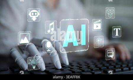 Human-like robotic hand interacting with digital icons representing artificial intelligence technology and media elements in a modern workspace Quark. Stock Photo