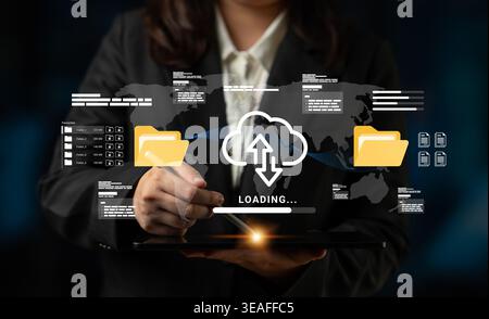 A business professional engages with advanced cloud technology, showcasing digital uploads and data management in a sleek office environment, emphasiz Stock Photo