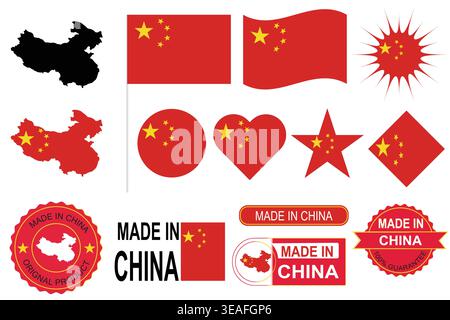 China national symbols flags map and made in China badges vector. Suitable for editorial, educational and commercial design projects. Stock Vector