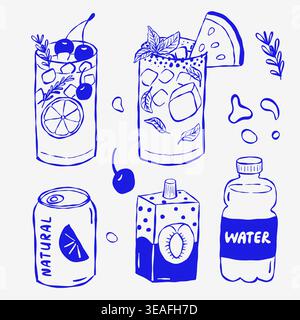 Hand-drawn sketch of refreshing drinks, including cocktails, cans, juice boxes, and water bottles. Each item shows vibrant, playful details like cherr Stock Vector