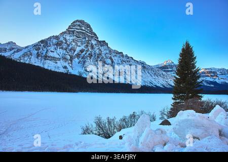 Snow Covered Mountain Frozen Lake and Evergreen Tree in Winter Landscape Stock Photo
