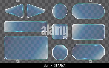 Set of transparent glass-like buttons and frames with glossy reflections. Perfect for UI design, web elements, or digital interfaces. Clean, modern, a Stock Vector