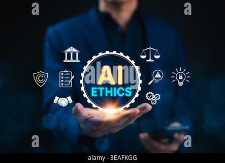 AI ethics concept. Person presenting responsible artificial intelligence with legal, compliance, privacy, audit, governance icons. trustworthy AI, Stock Photo