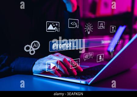 AI prompt and generative content creation concept. Person using laptop with prompt, generate, and multimodal AI icons, representing text, image, Stock Photo