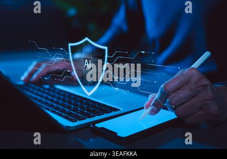 AI cybersecurity protection and digital data privacy concept. Professional using laptop with AI shield interface representing cyber defense, secure Stock Photo