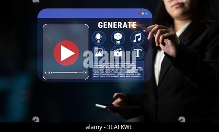 Woman Interacting with Digital Interface for Content Generation, Featuring Multicolor Media Elements and Touch Technology in Professional Environment Stock Photo
