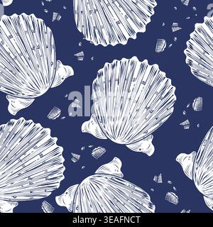 A seamless pattern with hand-drawn scallop shells on a dark blue background. Nautical-themed vector illustration for decor, wallpaper, and summer Stock Vector