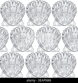 Seamless pattern with hand-drawn seashells. Nautical background with a repeating scallop shell image. Vector seamless pattern for decor and design of Stock Vector
