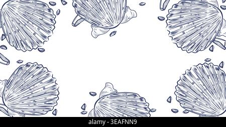 A rectangular vector frame of scallop-shaped seashells. All objects are hand-drawn with ink. The monochrome ink background is perfect for summer Stock Vector