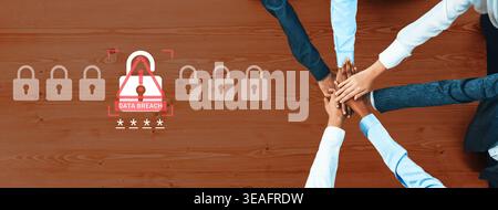 A unique conceptual image showing hands placed together, symbolizing teamwork and cooperation while highlighting concerns about data breach and cybers Stock Photo