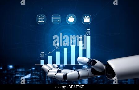 Robotic Hand Presenting Growth Chart with Icons of Finance, Shopping, and Data Analysis in Futuristic Blue Background Quark. Stock Photo
