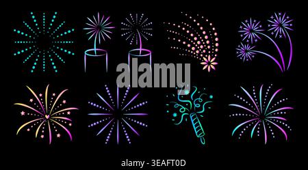 Neon fireworks icon set. Holographic glow sparklers and firecrackers gradient shiny line pictograms. Salute and sparkle ultra acid luminescent signs. Stock Vector
