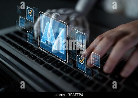 Human hand interacting with futuristic AI technology on a laptop with holographic icons representing data processing and digital innovation Sigmoid Stock Photo
