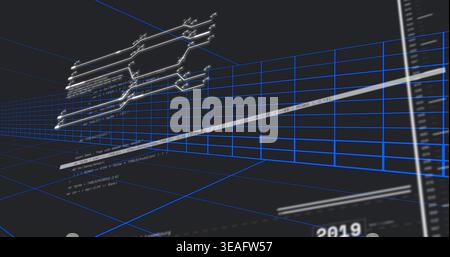 Showing center blue wireframe grid in virtual 3D space, with circuit diagram, data bars, ruler 2019 Stock Photo