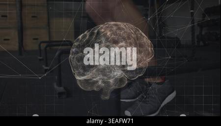Hovering mesh brain hologram overlaying dim gym floor, showing plyo boxes, dark shoe and shorts Stock Photo