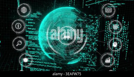 Displaying holographic teal globe on grid showing laptop icon, UI rings, radial lines and code Stock Photo