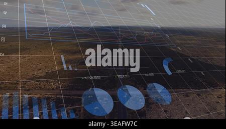 Showing aerial two-lane road running toward horizon across arid plain, displaying data overlay Stock Photo