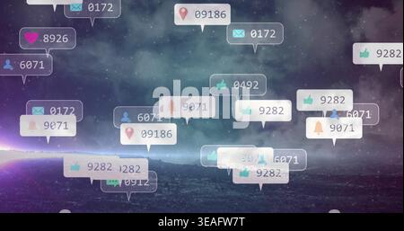 Floating social notification bubbles glowing at night beneath stars showing icons and counters Stock Photo