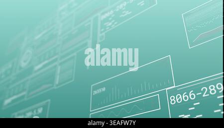 Floating translucent data panels tilting right on teal field, showing line charts, numeric 8066-289 Stock Photo