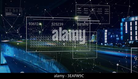 Displaying digital network overlay blending with nighttime highway overpass, showing light trails Stock Photo