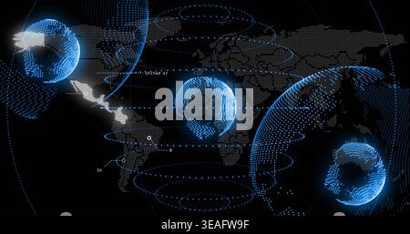 Displaying large right-side dotted globe orbiting over dotted world map with concentric rings Stock Photo