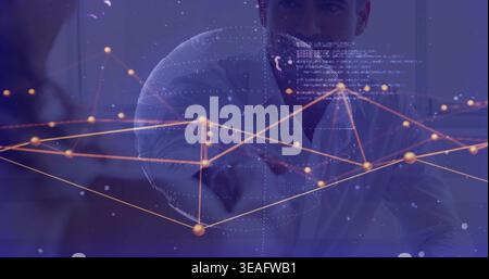 Projecting dotted globe 3D network with golden nodes and code in office, team wearing light shirts Stock Photo