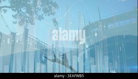 Perching small bird silhouette on thin branch, blending valley construction site with market charts Stock Photo
