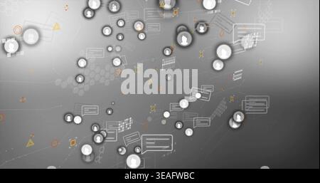Displaying gray network with avatar nodes, floating chat panels, hex pattern on gradient backdrop Stock Photo