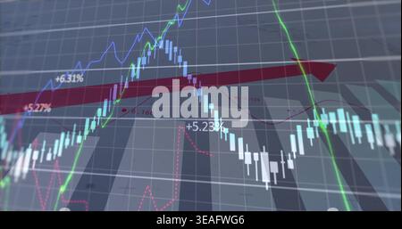 Displaying candlestick bars with green, blue, red lines and percentage labels on monitor, red arrow Stock Photo