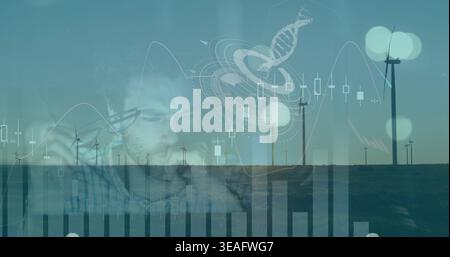 Holding eyeglasses, adult male studying holographic charts at wind farm with DNA helix, plaid shirt Stock Photo
