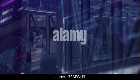 Walking woman in light dress pulling suitcase and handbag to glass doors, HUD overlay, copy space Stock Photo