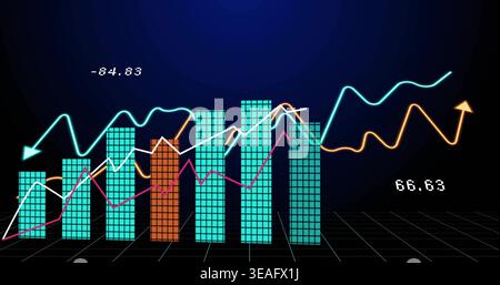 Displaying 3D bars with teal grid columns and orange column on dark gradient, colored lines, labels Stock Photo