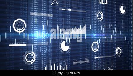 Displaying central data dashboard on screen, showing line peaks, bar clusters, gauges, light streak Stock Photo
