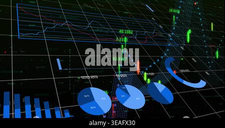 Displaying 3D finance dashboard occupying center on grid, showing blue pie charts and candlesticks Stock Photo
