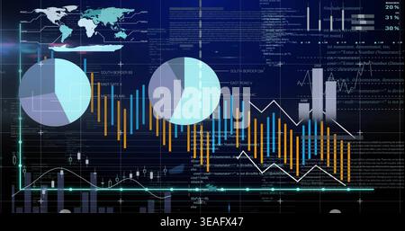 Displaying central data dashboard on monitor, showing two pie charts, orange-blue bars, teal lines Stock Photo