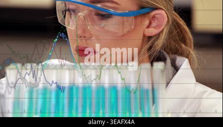 Examining female lab worker focusing on blue test tubes, wearing lab coat, goggles, showing graphs Stock Photo