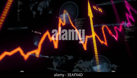 Displaying neon orange zigzag chart across dashboard, with magenta trace and yellow bar 46 Stock Photo