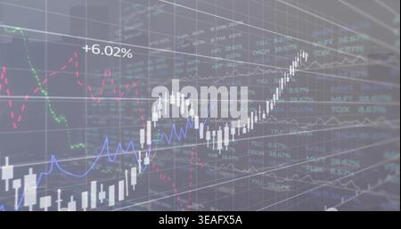 Displaying translucent trading chart on screen, showing white candlesticks, colored lines, +6 Stock Photo