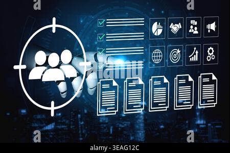 A futuristic design showcases a robotic hand focusing on human figures, complemented by digital elements symbolizing data analysis and business innova Stock Photo