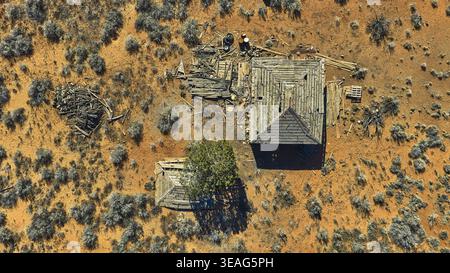 Aerial Abandoned Homestead Ruins and Desert Vegetation Arizona Strip Top Down Stock Photo