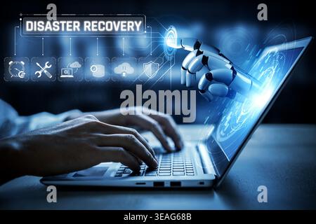 Futuristic Concept of Disaster Recovery with Robotic Hand Interacting with Laptop Interface and Digital Elements for Technology Solutions Sigmoid Stock Photo