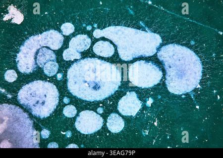 Frozen Methane Ice Bubbles Texture on Winter Lake Surface Close Up Stock Photo