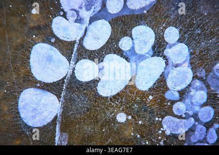 Frozen Methane Ice Bubbles Abstract Texture Winter Lake Surface Close Up Stock Photo