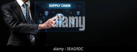 A business professional interacts with an advanced digital supply chain management interface, highlighting the role of AI in enhancing logistics, deli Stock Photo