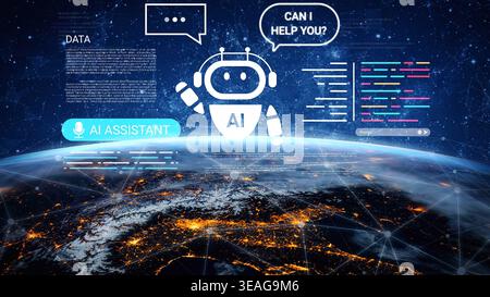 Futuristic AI Assistant Offering Help Over Earth View with Data Overlay and Coding Elements in Background Gluon. Stock Photo