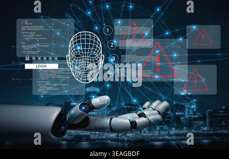 A captivating representation of artificial intelligence in cybersecurity, showcasing a robotic hand interacting with digital alerts and login prompts Stock Photo