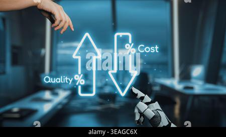 This visually striking image presents a futuristic concept showcasing the balance between quality and cost in business, featuring a robotic hand in a Stock Photo