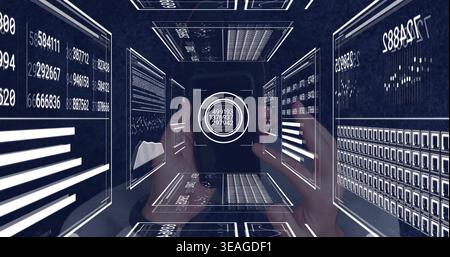 Holding male hands wearing dark long-sleeves tapping smartphone in digital data tunnel, with HUD Stock Photo