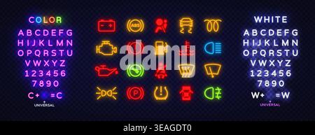 Neon alphabet and car dashboard icon collection with multicolor glowing style. Bright letters, numbers and automotive symbols for creative interface Stock Vector