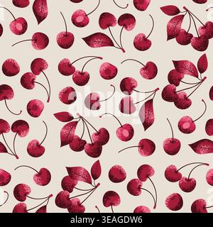 Sweet Cherry seamless pattern. Vector illustration in hand-drawn style Stock Vector